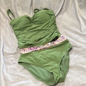 Green One-Piece Swimsuit with Patterned Waistband